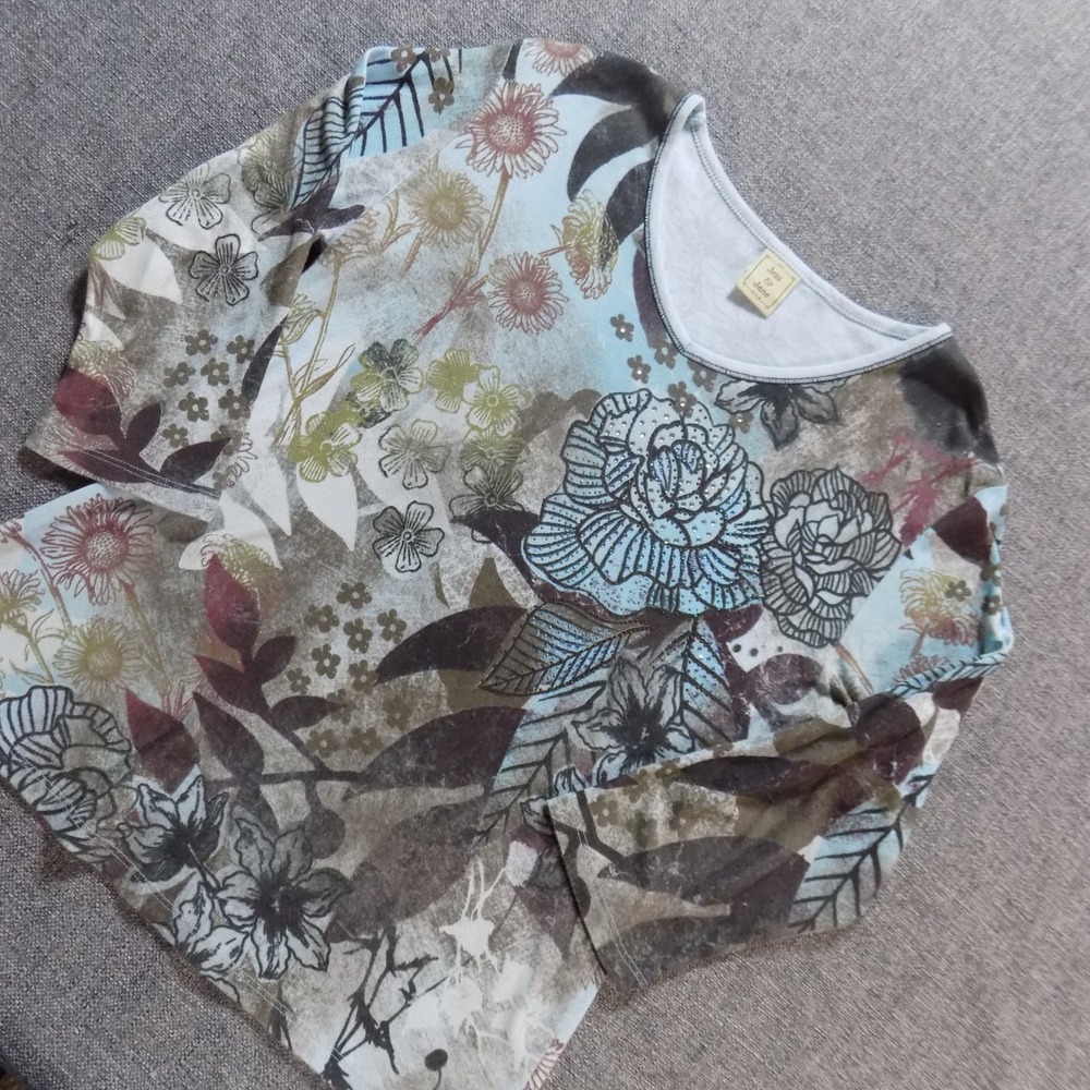 Jess & Jane Floral Top Womens Small Blue V-Neck 3/4 Sleeve Rhinestone USA Cotton